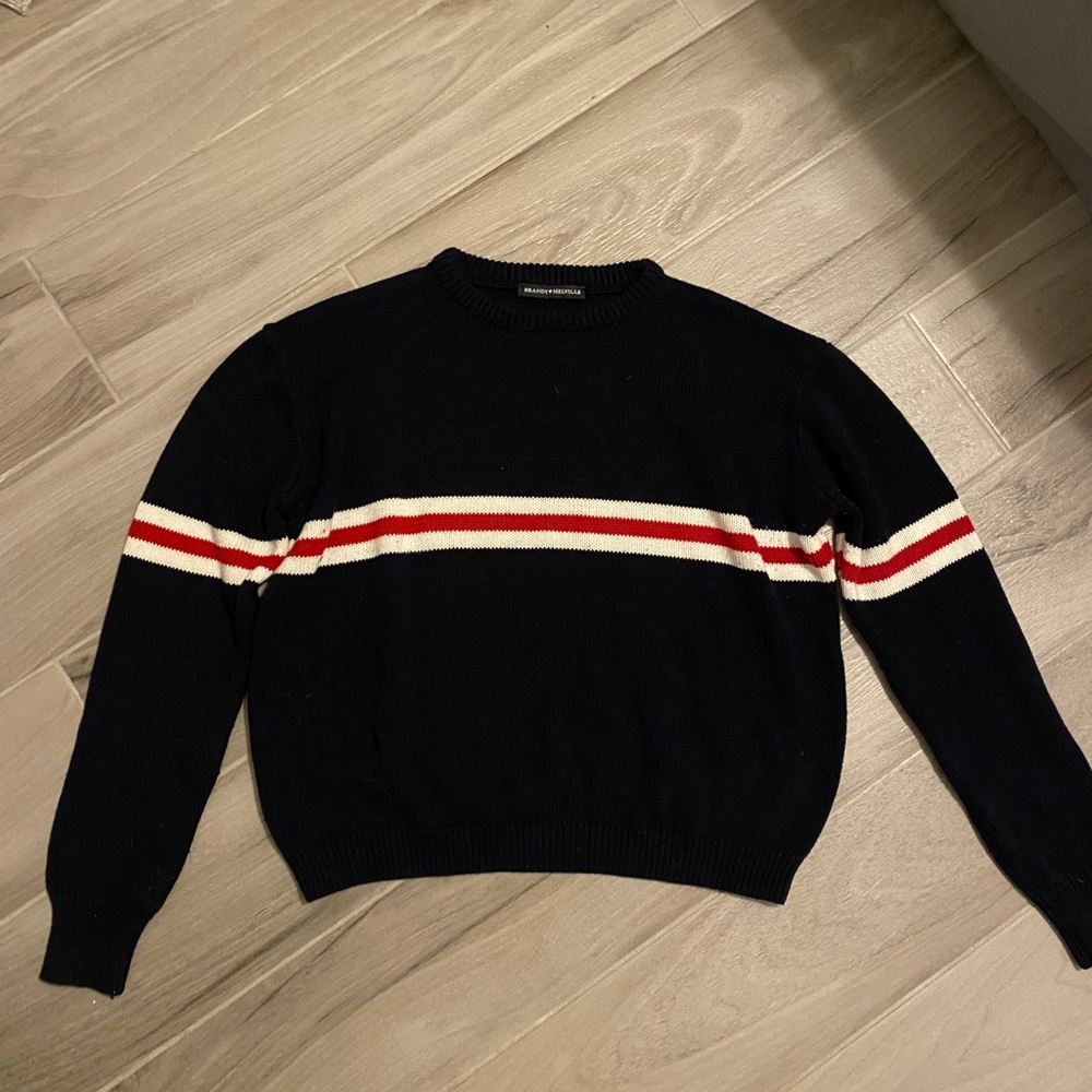 Brandy Melville Navy and Red Striped Crewneck Sweater